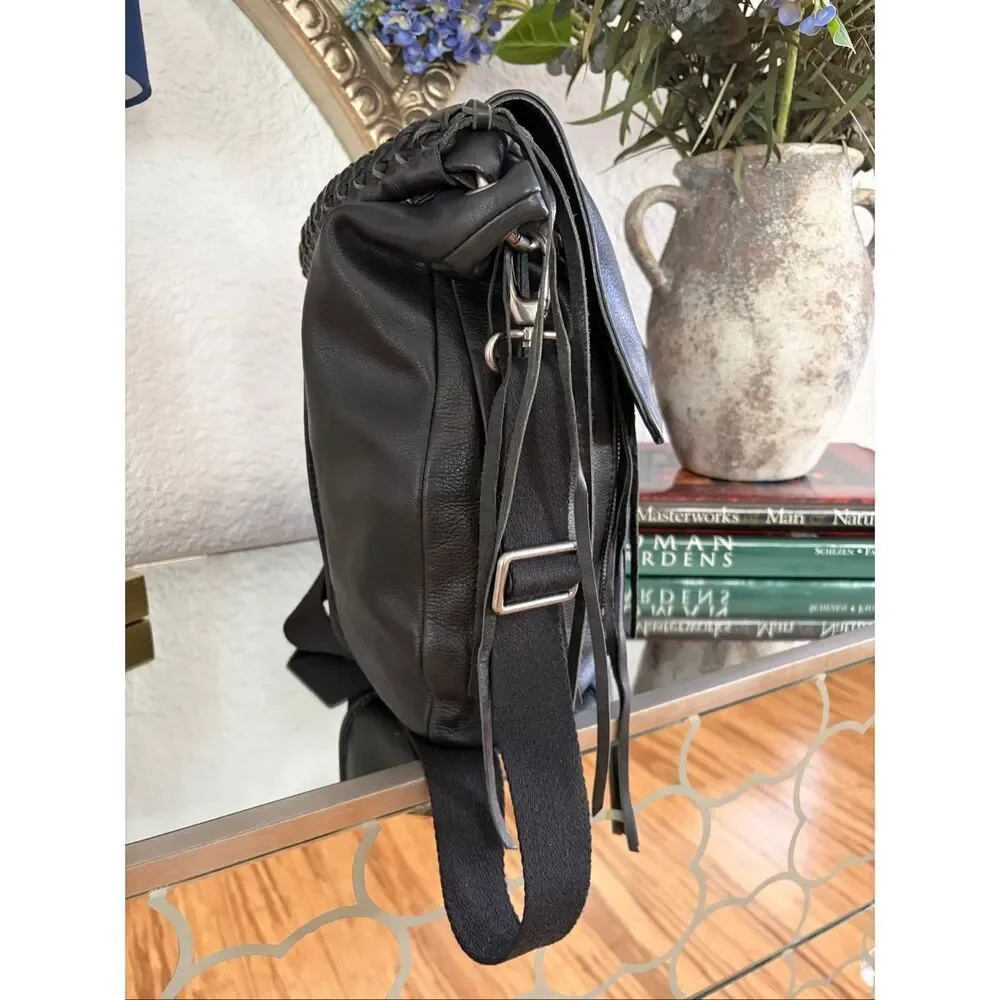Christopher Kon Black Leather Hobo Crossbody Bag Braided Strap Fringe Tassels